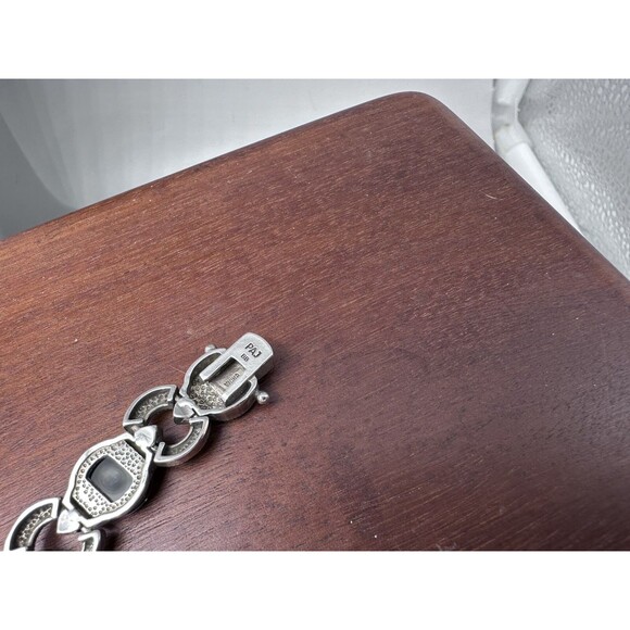 Marcasite & Onyx Art Deco Style 925 Sterling Link Bracelet - Picture 7 of 9